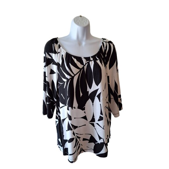 Ruby Rd Womens Tunic Top PXL Black White Leaf Print Blouse 3/4 Sleeve Lagenlook - Picture 1 of 8